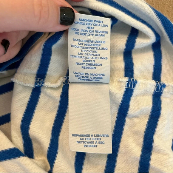 Boden Blue and White Striped Boatneck Dress Sz 4 Buttons on Shoulders 2 pockets - Picture 9 of 9